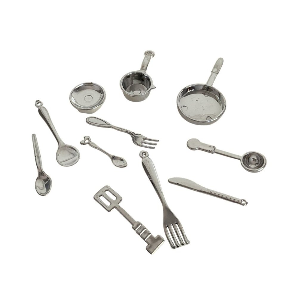 Minature Faux Stainless Steel Dinnerware and Cookware Dollhouse Accessories